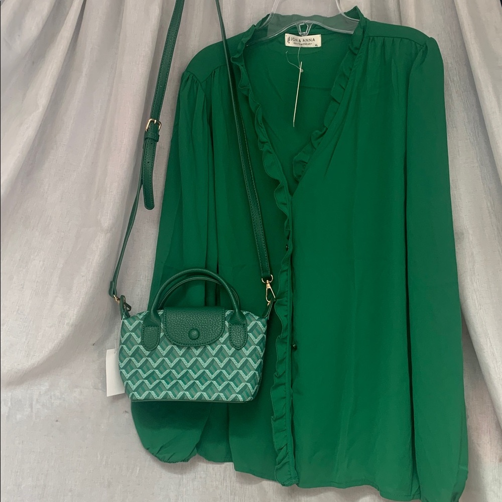 Green Ruffle-Trim Long-Sleeve Blouse by
